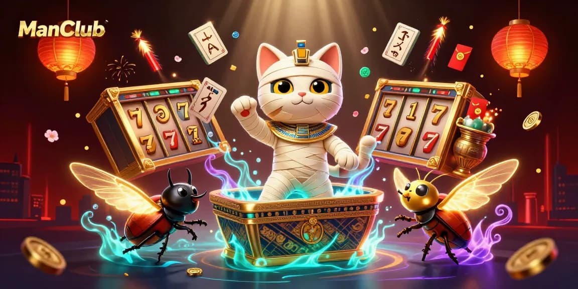 Experience the excitement of ManClub's casino with interactive Egyptian themes and vibrant gaming elements.