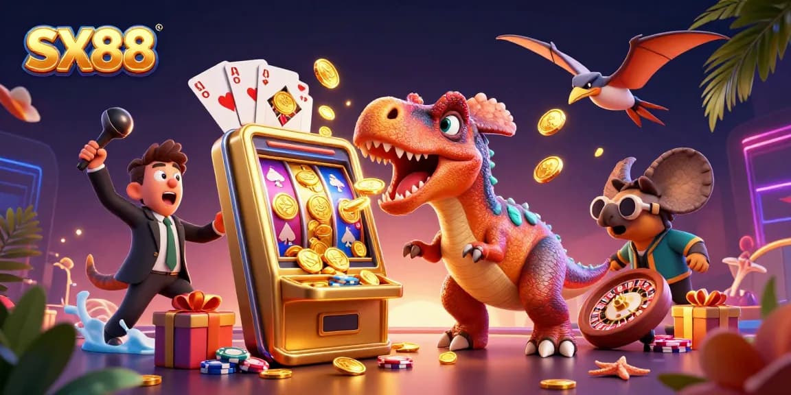 SX88 showcases a cartoon dinosaur celebrating a slot machine jackpot while coins soar, representing an exciting casino atmosphere.
