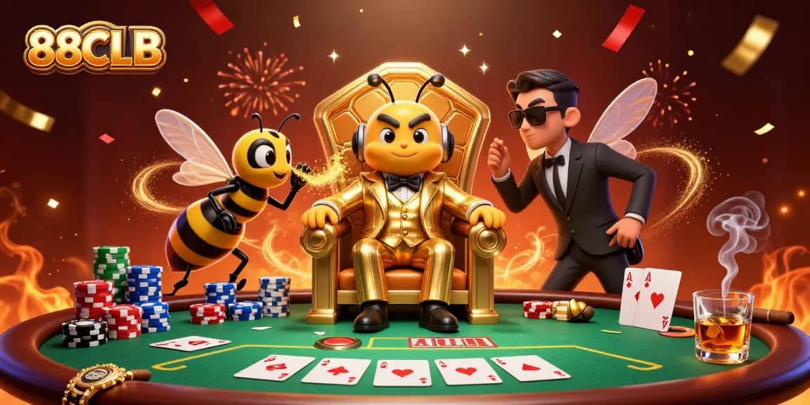 88CLB showcases a vibrant scene of a bumblebee mob boss overseeing poker chips and cards, emphasizing casino excitement.