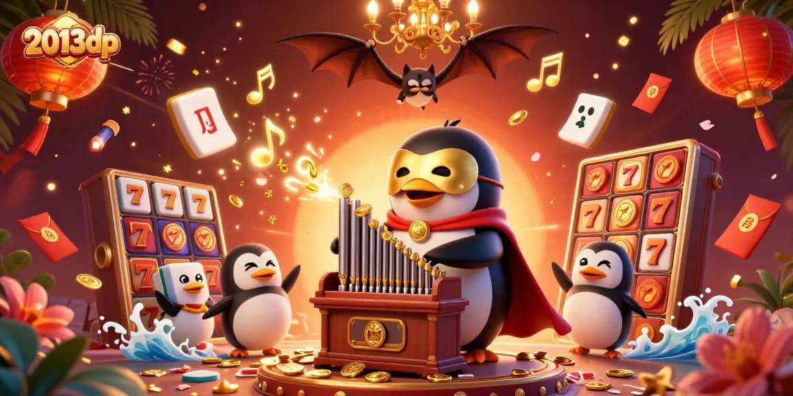 Experience the thrill of 2013dp with a vibrant illustrated scene of a penguin at a casino.