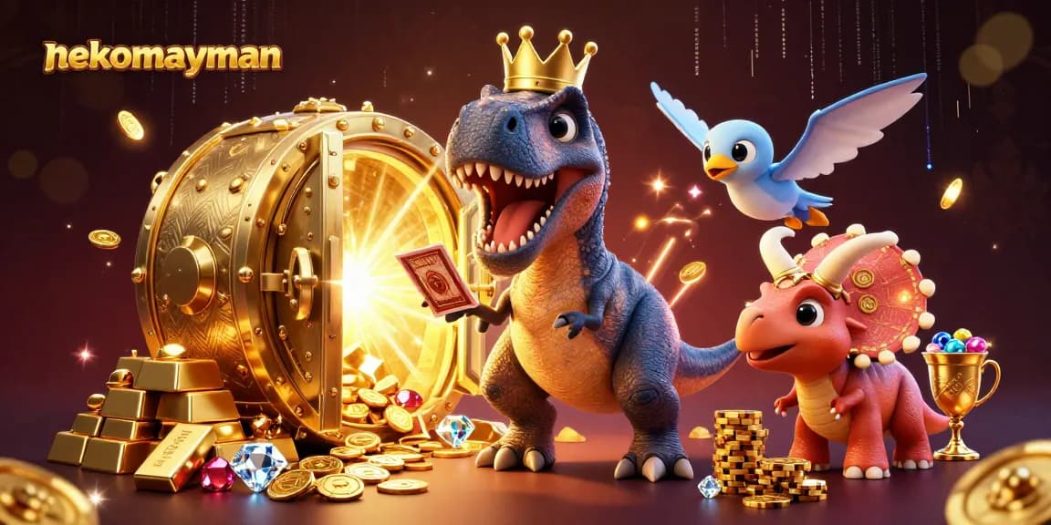 Experience the excitement of nekomayman with a dinosaur-themed slot game scene filled with treasures.