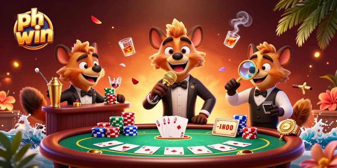 Engaging ph win casino illustration of hyenas in a comedic setting featuring casino elements like poker chips and drinks.