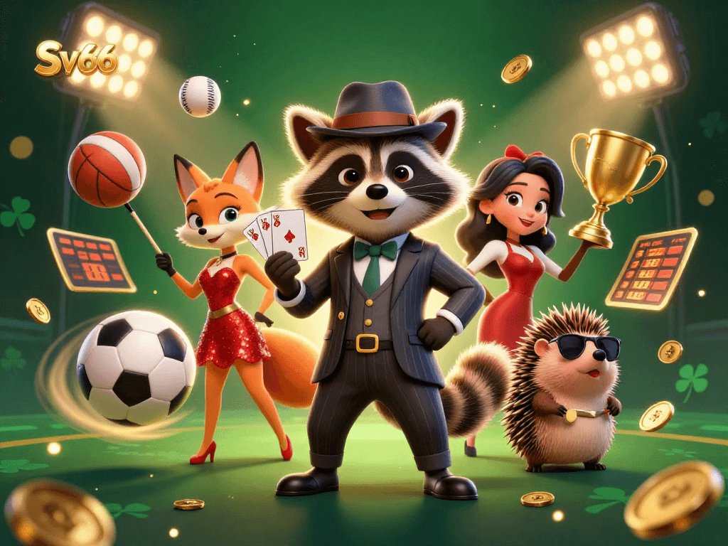 Experience thrilling action at Sv66 with a suave raccoon showcasing a royal flush in a bustling casino scene.