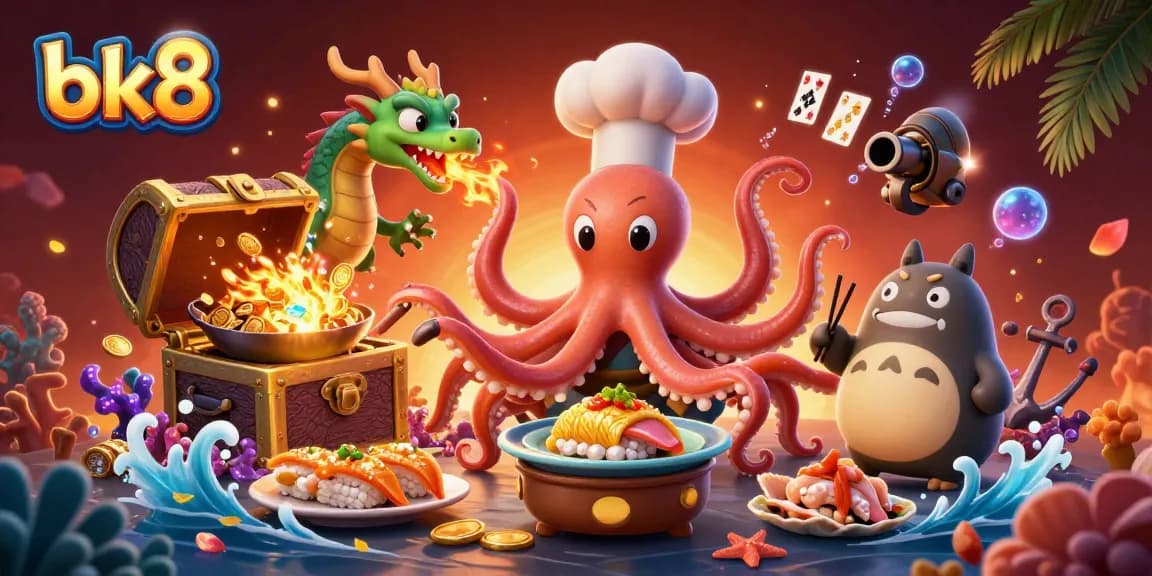 Experience thrilling wins with bk8 as the octopus chef and dragon create a vibrant casino scene.