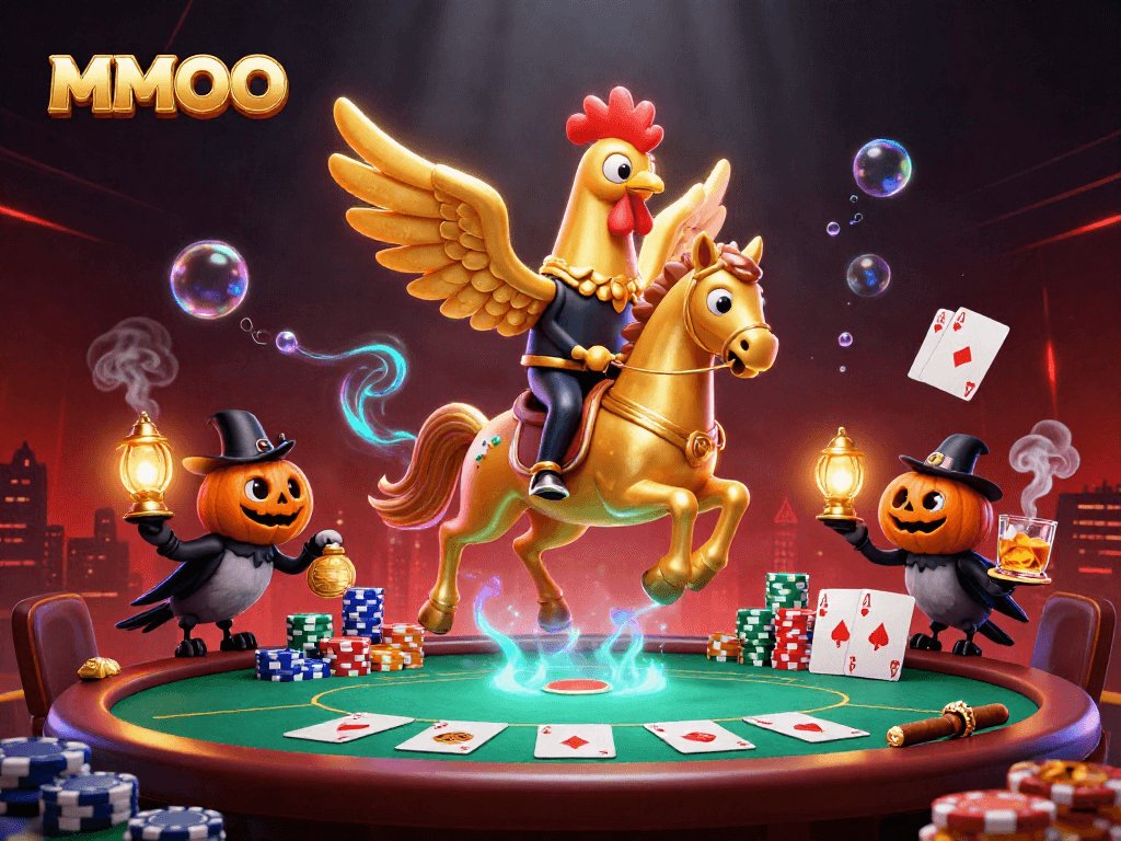 Experience thrilling MMOO gaming with a golden rooster in a vibrant casino setting.