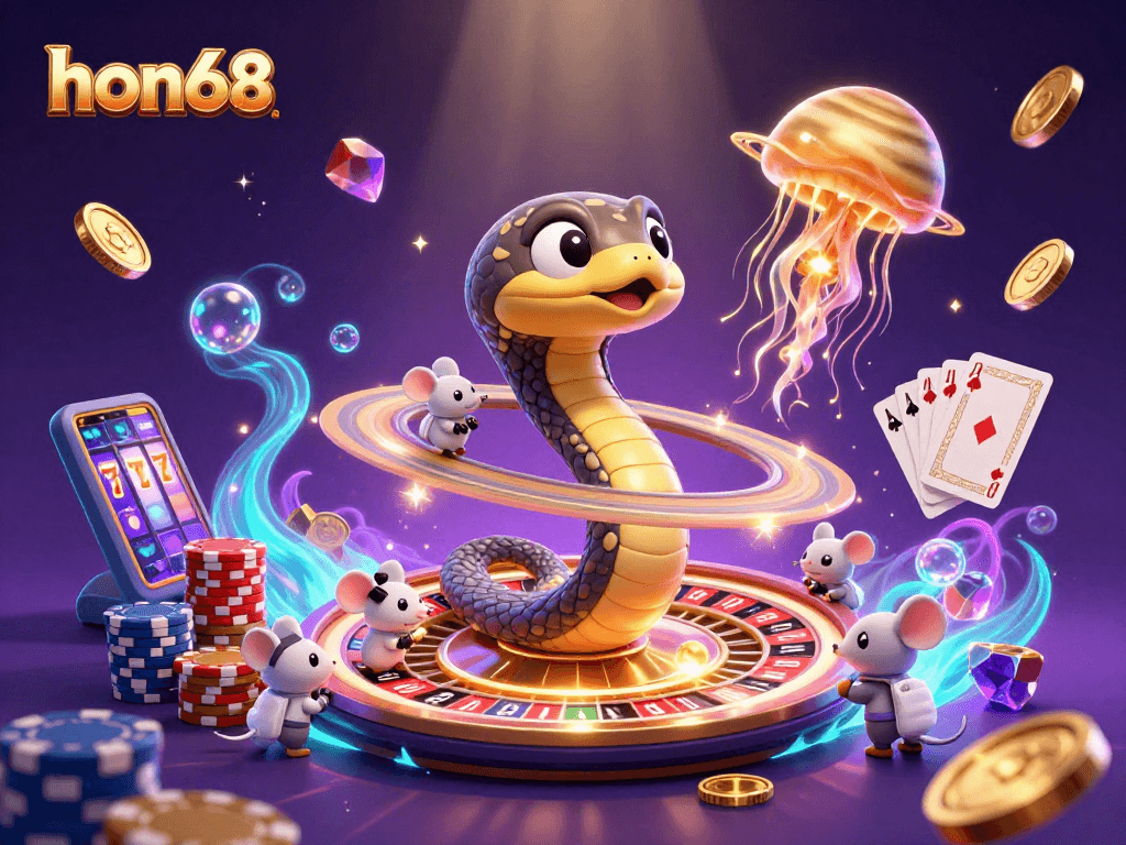 Engage with hon68's thrilling gaming world featuring a cosmic roulette wheel and playful astronaut mice.