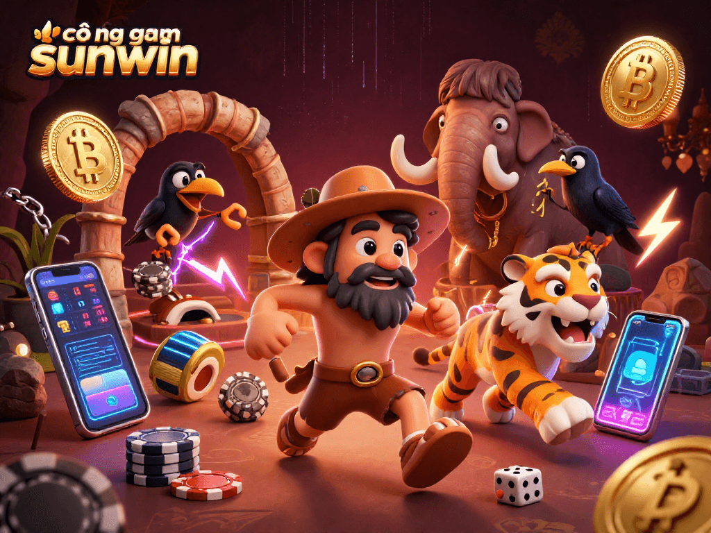 Engage with cổng game sunwin animated scene featuring unique characters from a prehistoric casino.