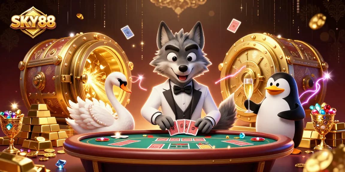 Experience thrilling gameplay with SKY88 as the debonair wolf masters baccarat in an opulent casino scene.