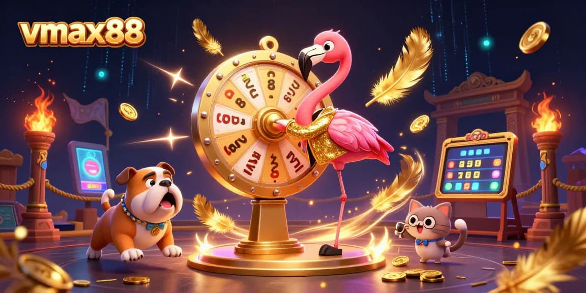 Experience thrilling games at vmax88 with a dynamic illustration featuring exciting casino elements and vibrant characters.