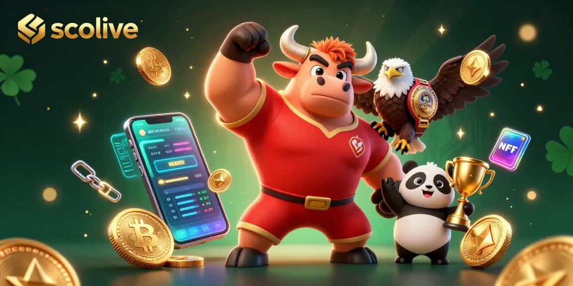 Socolive showcases a triumphant bull mascot amid crypto elements and dynamic gaming visuals.