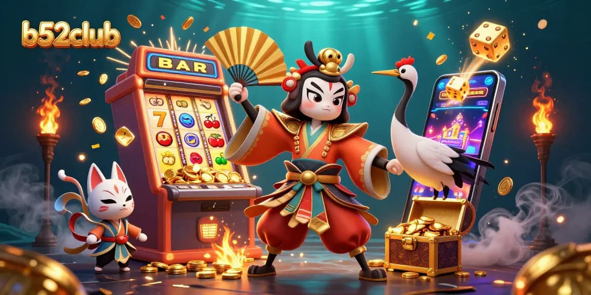 Spin the reels at b52club and win big in this vibrant 3D casino illustration.