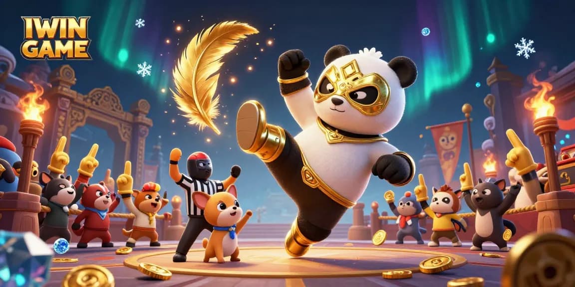IWIN GAME showcases a colorful 3D wrestling scene with panda and chihuahua in an exciting gambling atmosphere.