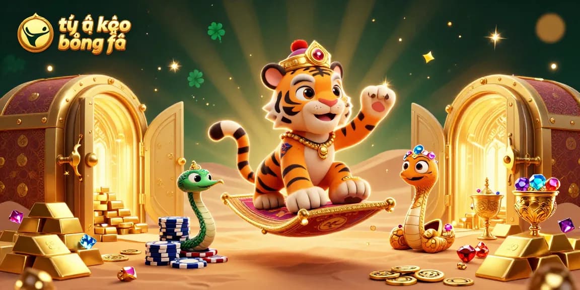 Experience the enchanting world of tỷ lệ kèo bóng đá with a vibrant 3D scene featuring a magical tiger sultan surrounded by treasures.