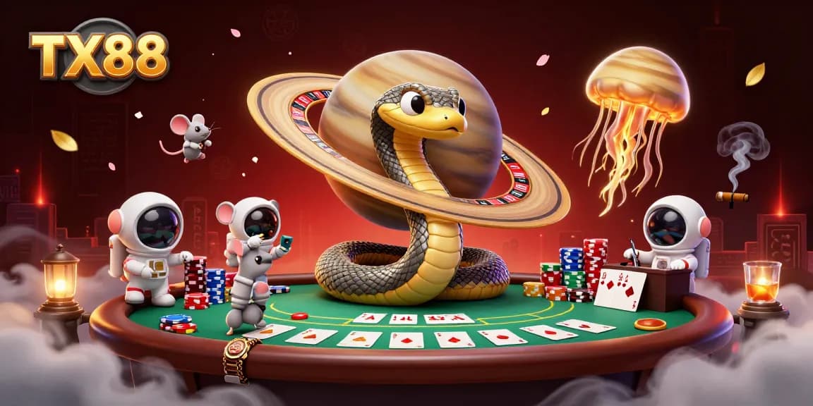 Bet on TX88 with vibrant gaming elements and colorful characters in a cosmic casino scene.