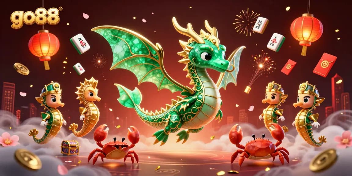 Experience exhilarating gameplay at go88, showcasing a mystical sea dragon, surrounded by casino treasures and symbols of luck.