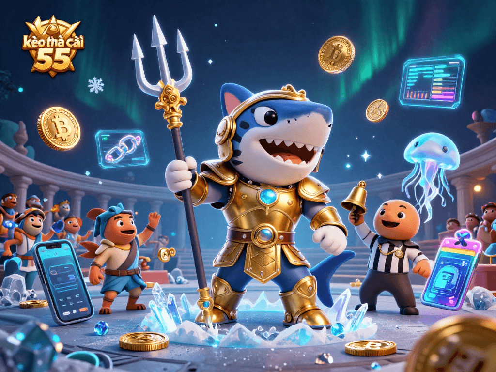 Engage with kèo nhà cái 55 as a ferocious tiger shark leads a vibrant underwater gambling arena.