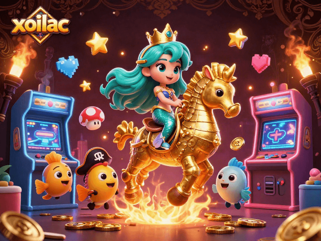 Experience excitement at xoilac with vivid gaming elements and characters in this vibrant 3D scene.