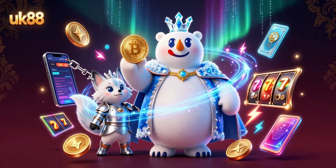 Engage in thrilling gameplay at uk88 with the ice king and fox amidst neon slot reels.