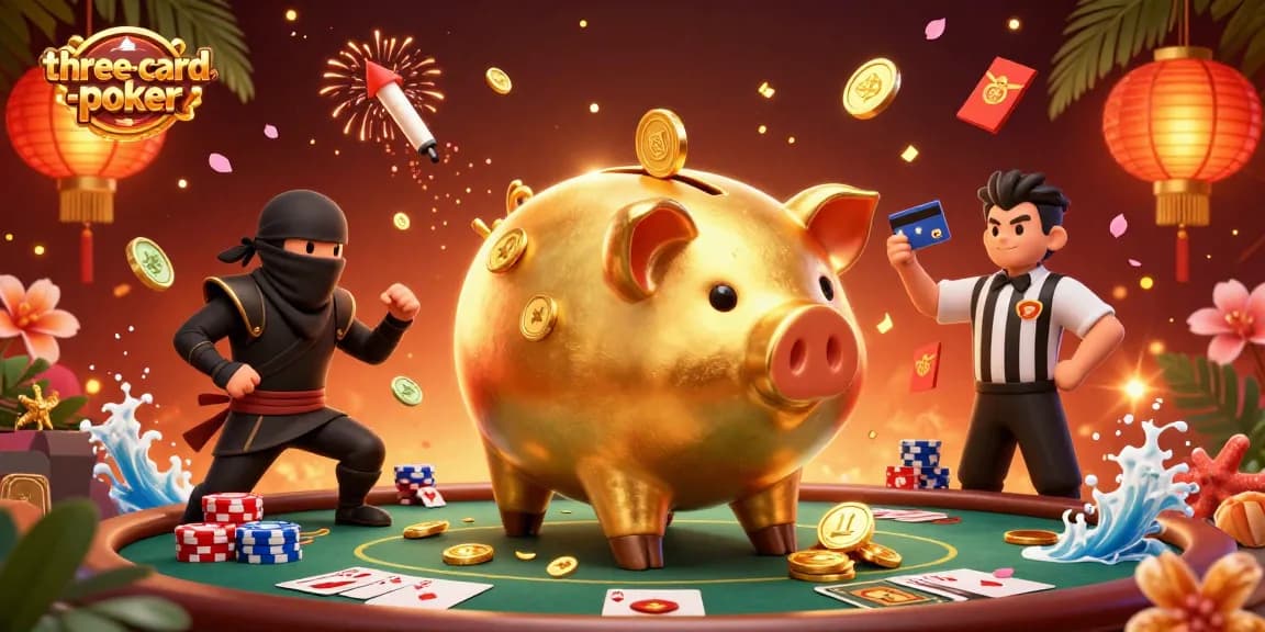 Experience thrilling three-card-poker action amidst vibrant casino elements and dynamic characters.