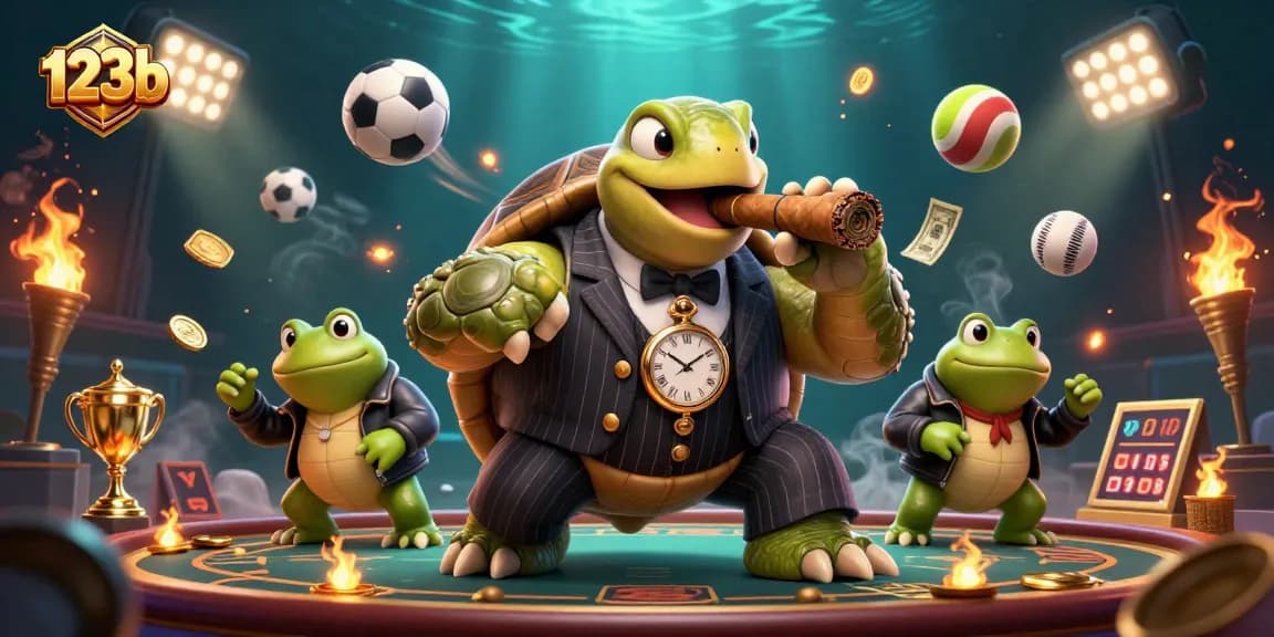 Engage with exciting sports betting at 123b, featuring turtles and bullfrogs in a dynamic casino scene.