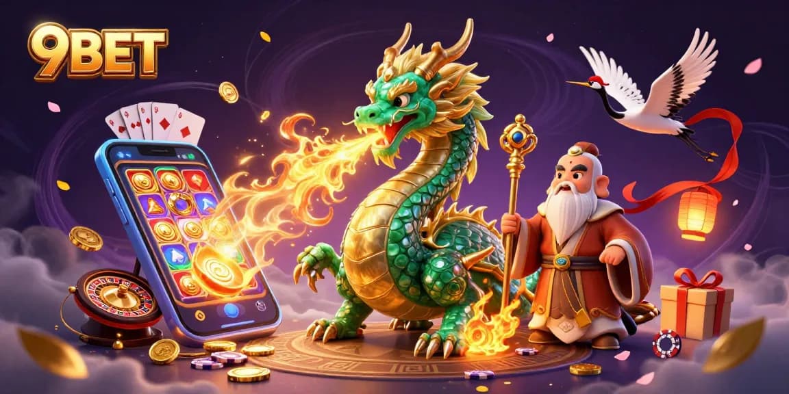 Engage with 9BET featuring a jade dragon, turtle sage, and lucky cranes amidst vibrant casino elements.