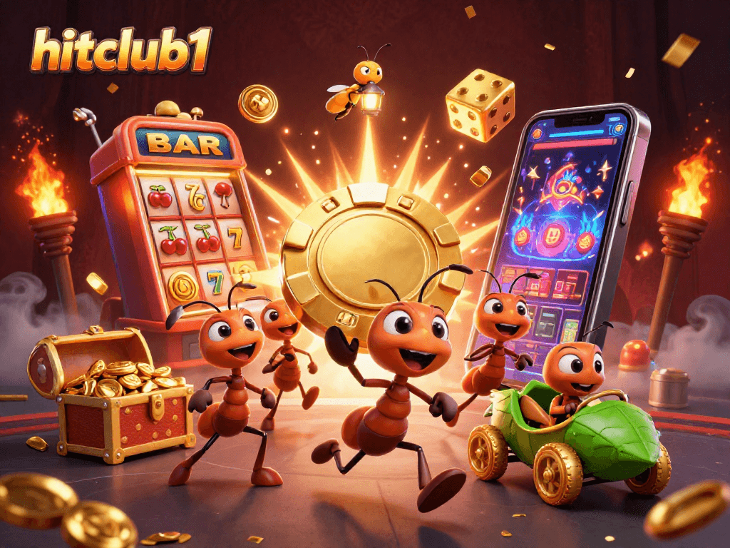 hitclub1 showcases a heist of ants carrying a giant poker chip amid a thrilling casino scene.