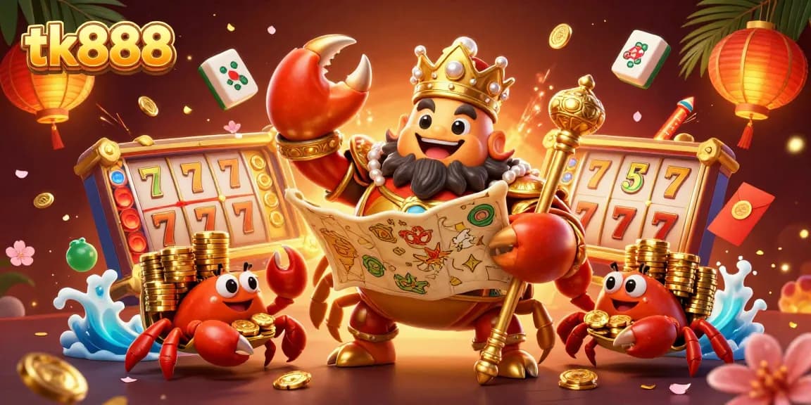 Win big with tk888! Experience vibrant casino action in a 3D crab emperor scene.