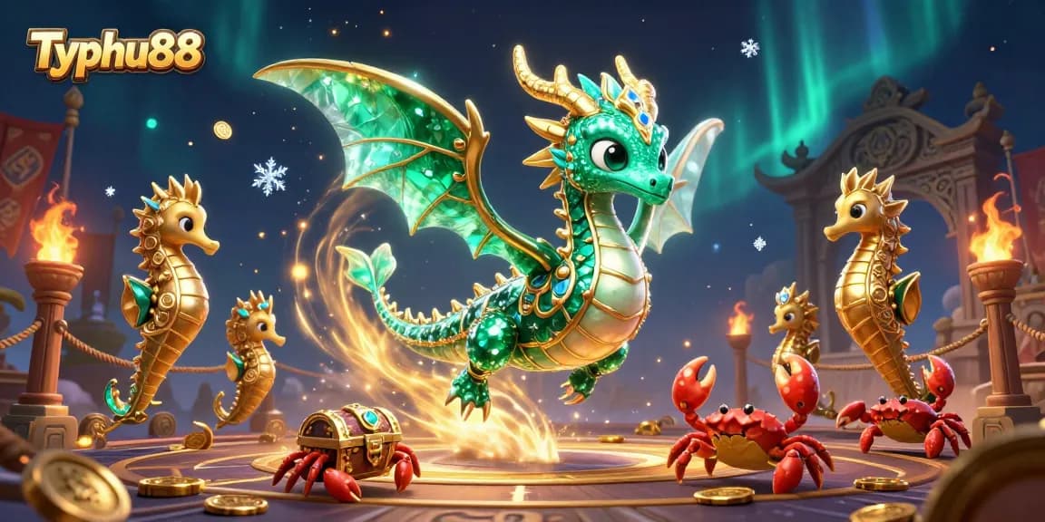 Typhu88 players enjoy a vibrant 3D casino world with emerald sea dragon and treasure chest.
