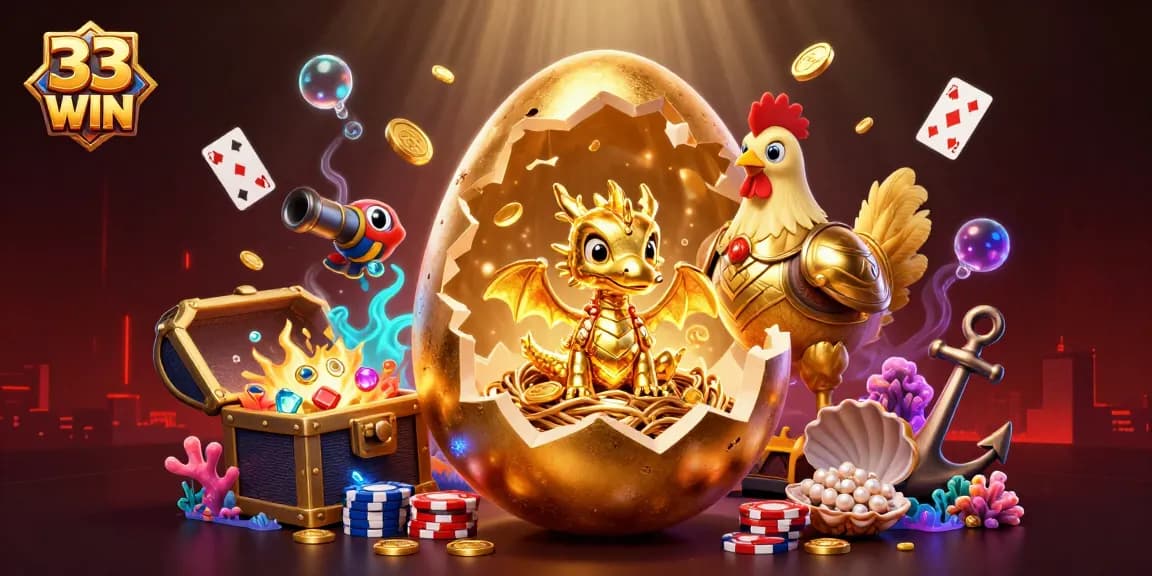 Experience thrilling wins and adventure at 33 WIN, where a golden baby dragon guards casino treasure.