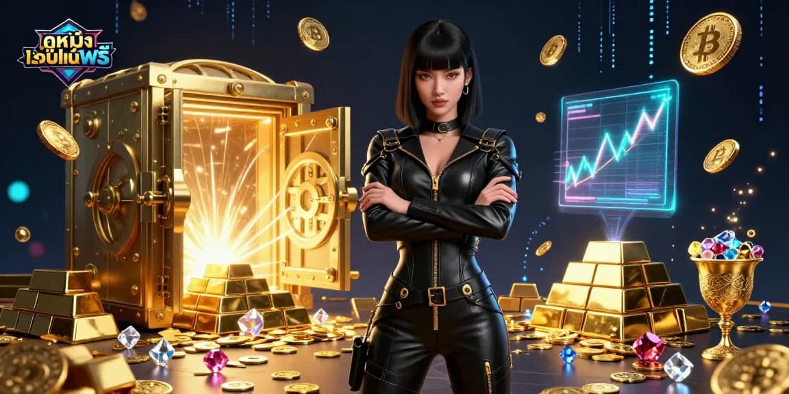 Engage in ดูหนังออนไลน์ฟรี with exciting visuals of a powerful Asian woman and stunning casino elements, showcasing dynamic energy and richness.