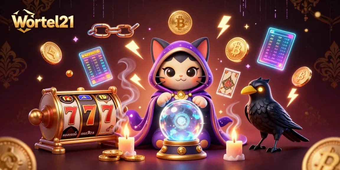 Engage with Wortel21 at an online casino featuring vibrant graphics, slot reels, and surreal characters.