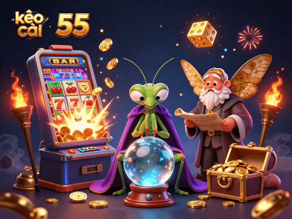 Engage with kèo nhà cái 55 showcasing a vibrant casino adventure with characters and game elements.