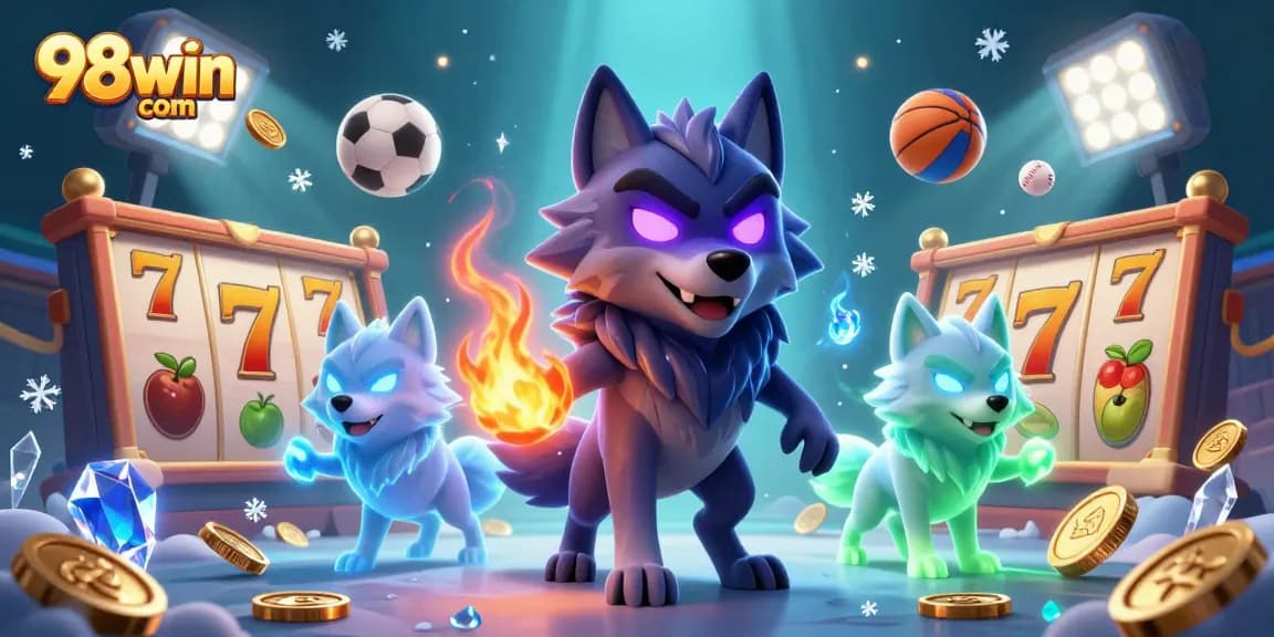 Engage with the thrilling atmosphere of 98win com, showcasing dynamic slot games and spirited wolf characters.