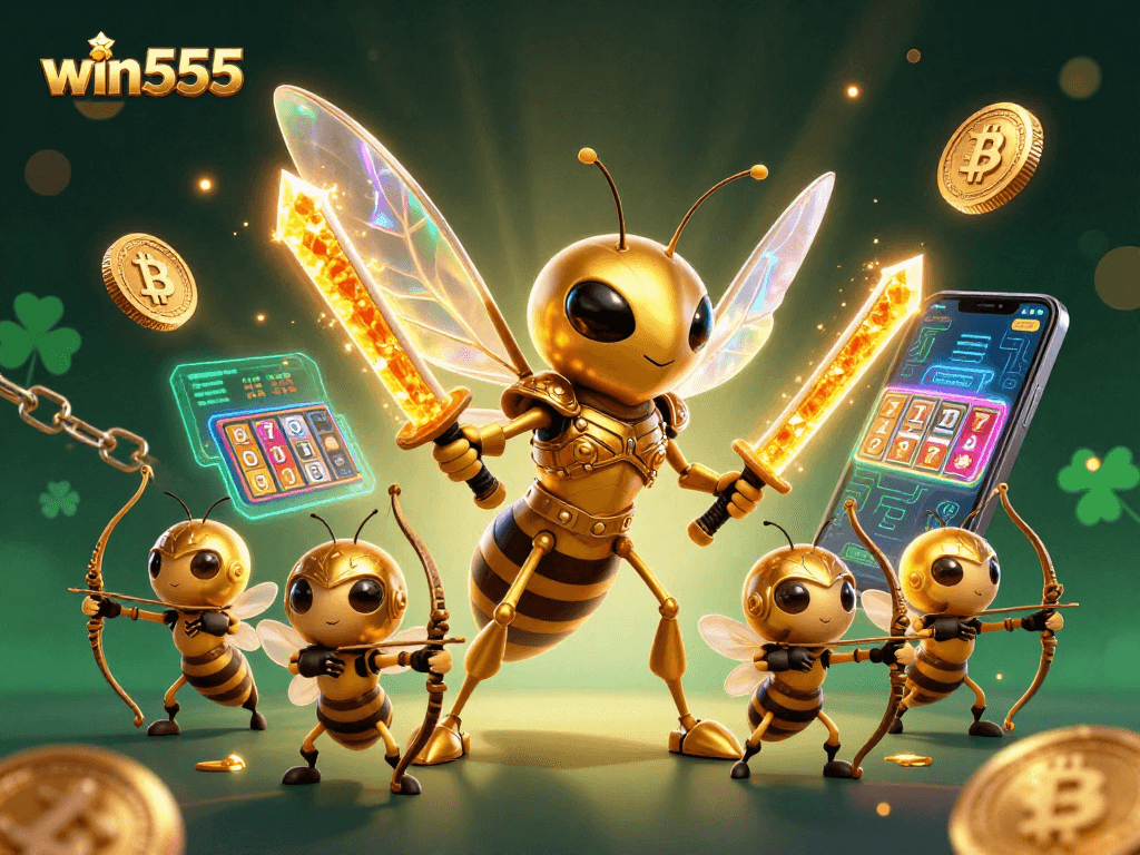 Experience win555's vibrant casino scene featuring a golden hornet samurai with crypto elements