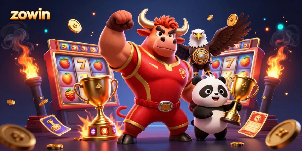 Zowin champions celebrate wins in slots with trophies and vibrant gaming elements
