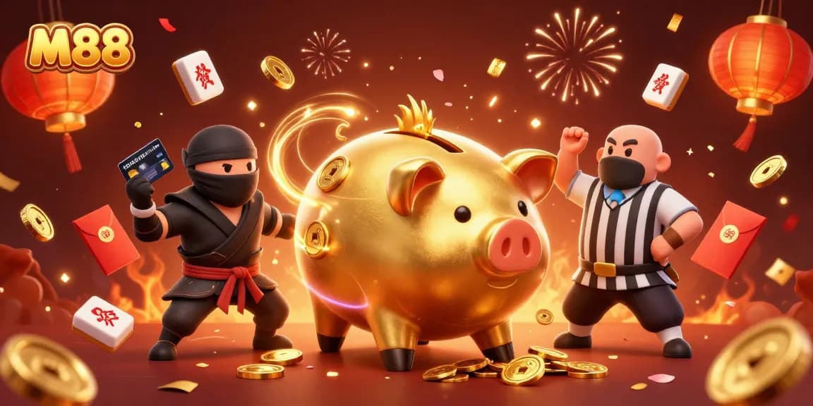 M88's exciting gaming experience ignited by a dynamic illustration of a sumo wrestler and a ninja.