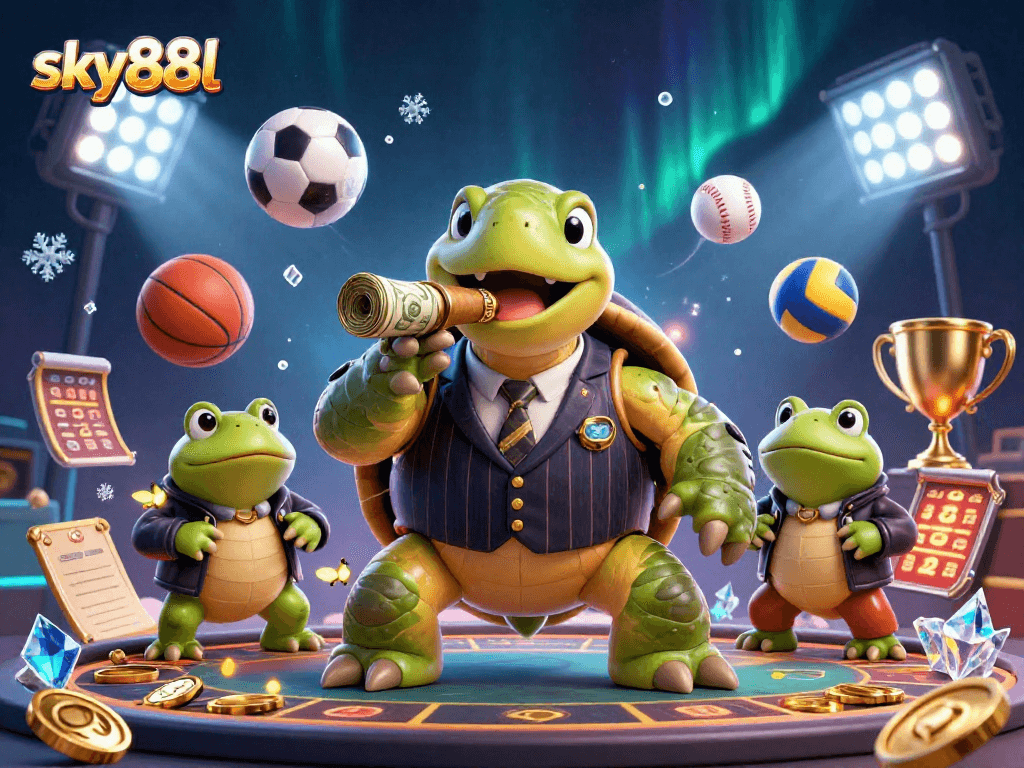 Sky88l showcases a dynamic casino theme with a cartoon turtle and bullfrog characters amidst exciting betting action.
