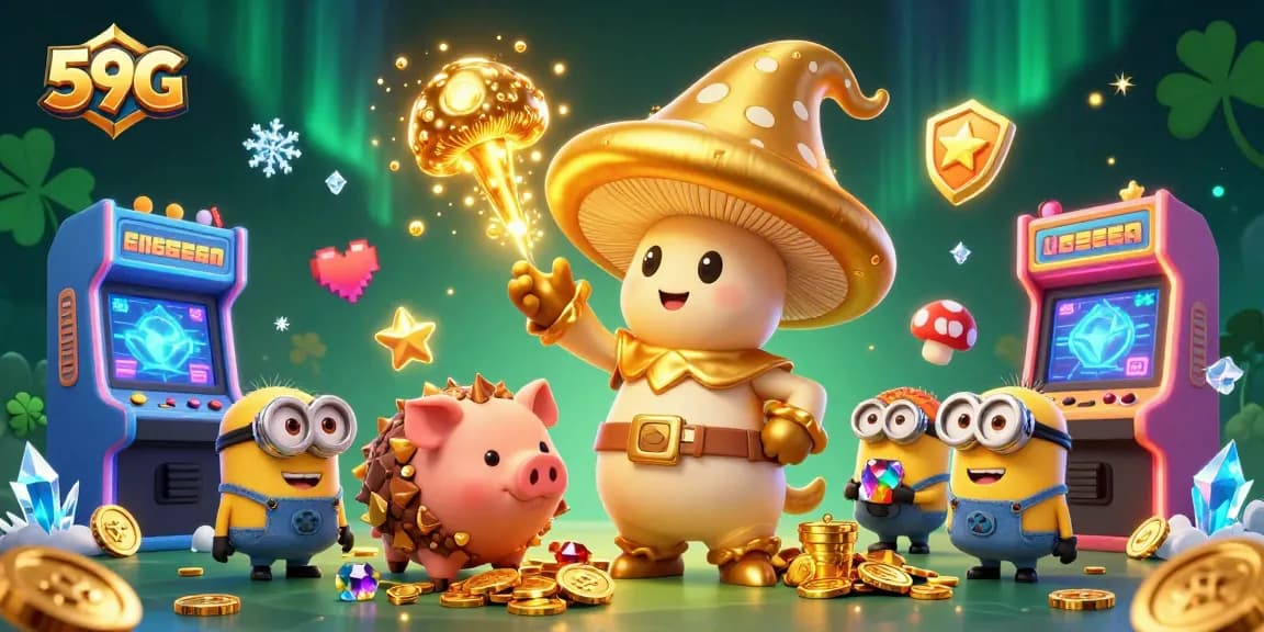 Experience the excitement at 59G with vibrant treasures and magical gaming elements in this dynamic illustration.
