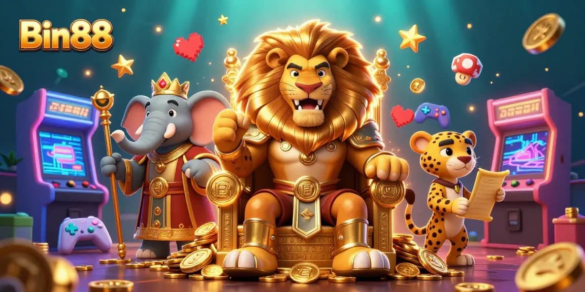 Spin the reels at Bin88 with an epic 3D casino scene featuring royal figures and vibrant gaming elements.