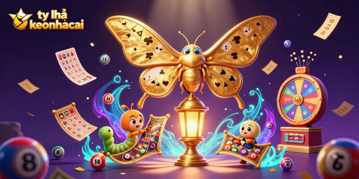Engage with tỷ lệ keonhacai showcasing vibrant lottery elements and a golden moth in a magical casino scene.