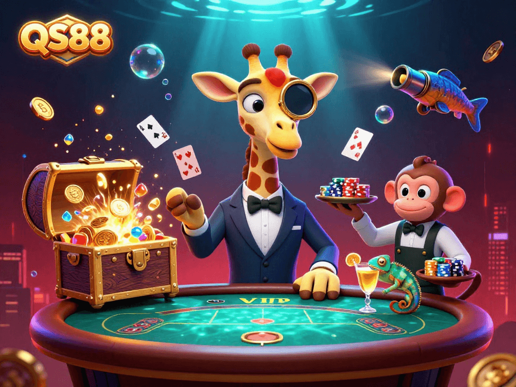 Win big at QS88 with a vibrant 3D illustration of casino characters and elements.