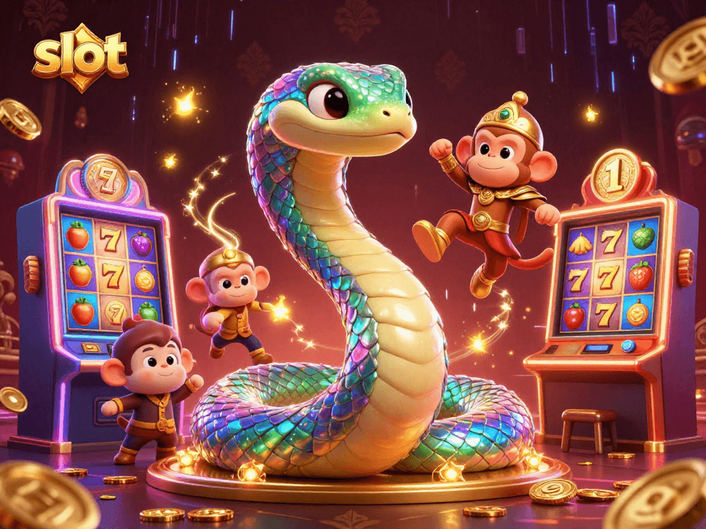 Experience thrilling slot excitement with a vibrant rainbow serpent and golden monkey king.