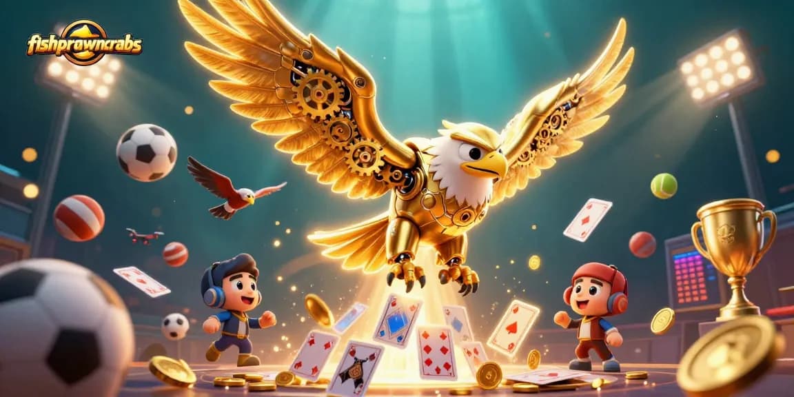 Experience thrilling fishprawncrabs action with a cybernetic golden eagle amidst vibrant casino elements.
