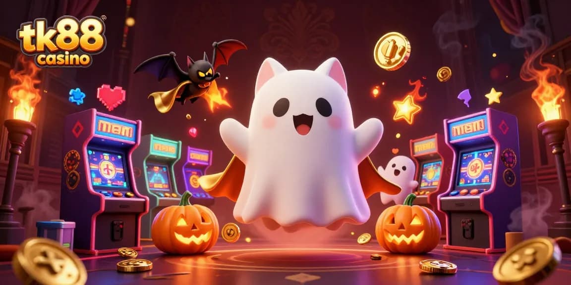 Experience thrilling action at tk88 casino with ghost cat and bat in a vibrant, haunted gaming scene.