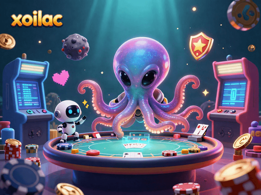 Engage with the vibrant xoilac gaming scene featuring an alien octopus at a dynamic poker table.