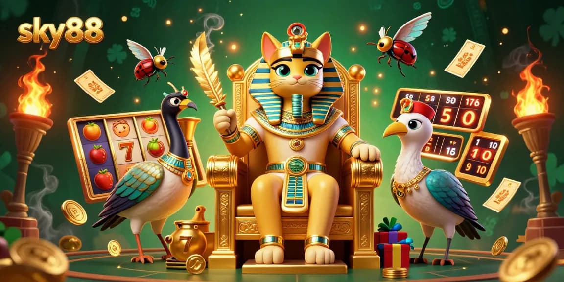 Spin the reels at sky88 with an Egyptian pharaoh cat and lucky slot symbols in a vibrant casino setting.