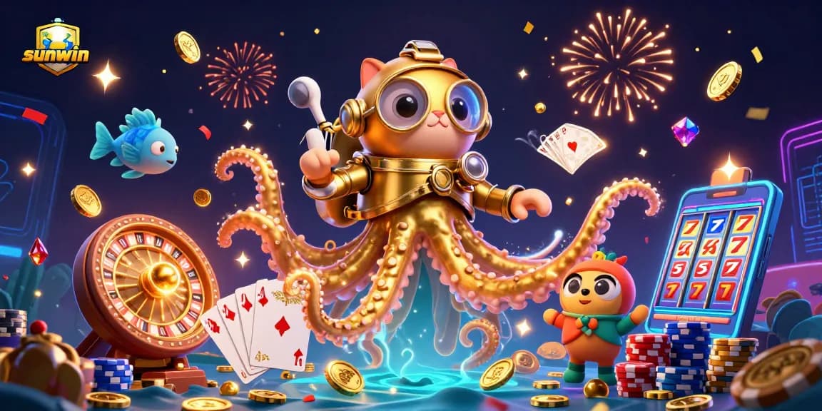 Experience thrilling wins with sunwin's vibrant 3D casino scene showcasing a colossal kraken and dynamic gambling elements.