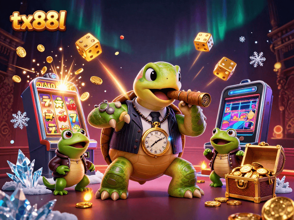 Experience the thrilling casino excitement with tx88l's vibrant illustration of a majestic turtle mobster and bullfrog enforcers.