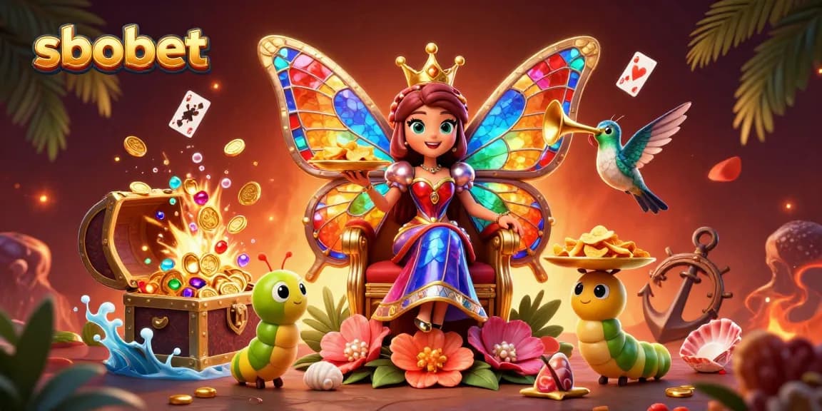 Engage in sbobet's thrilling casino adventures with the colorful butterfly queen and vibrant gaming elements.