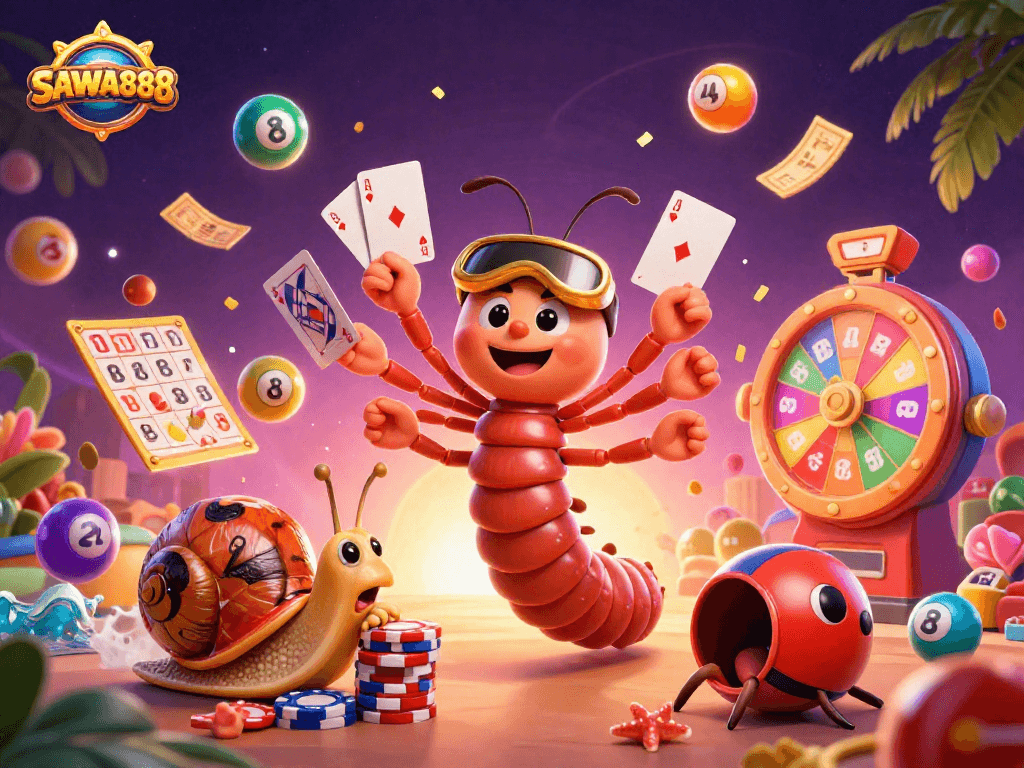 SAWA888 showcases exciting gameplay with a lively 3D millipede dealer and snail high-roller in a vibrant casino scene.